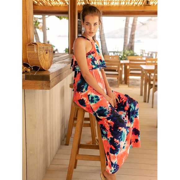 Tie Dye Halter Ruffle Top Maxi Dress Multicolor - Picture 4 of 8